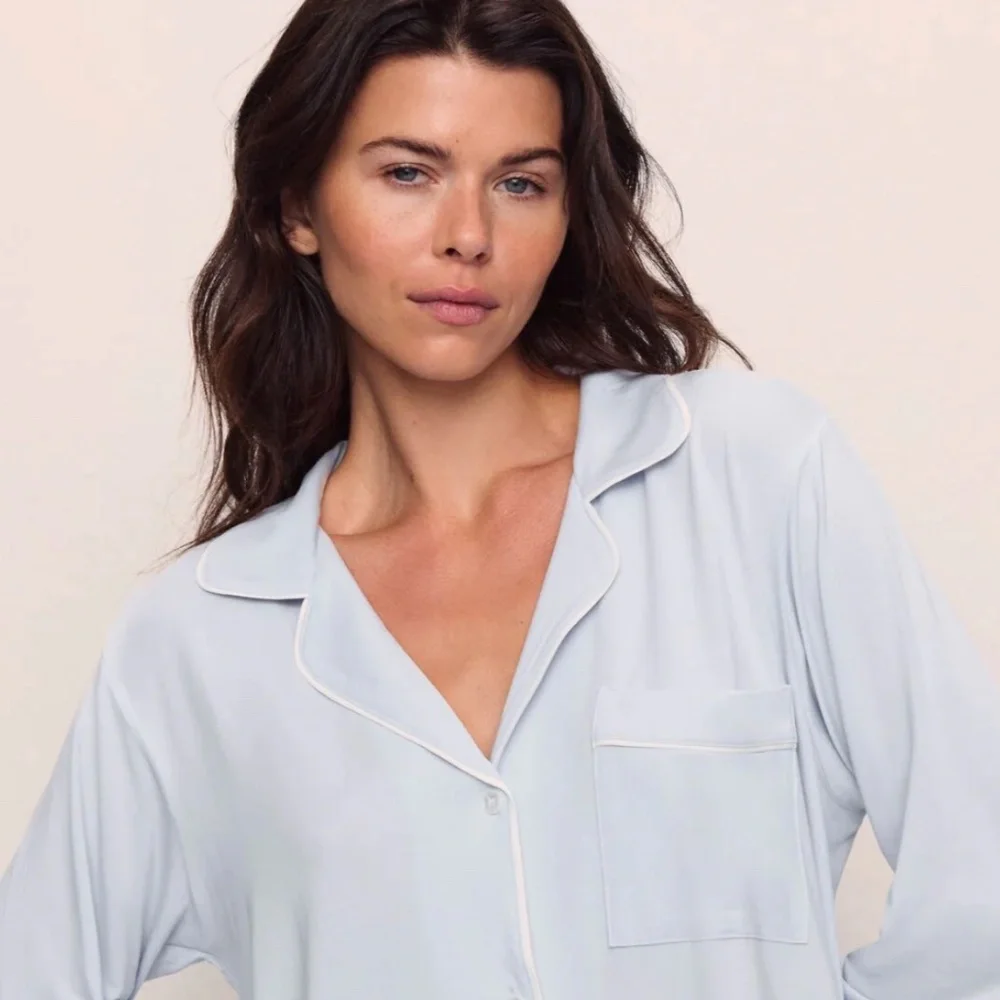 Eberjey Gisele Long PJ Set in Ice Blue & Ivory TENCEL Modal - Picture 3 of 9